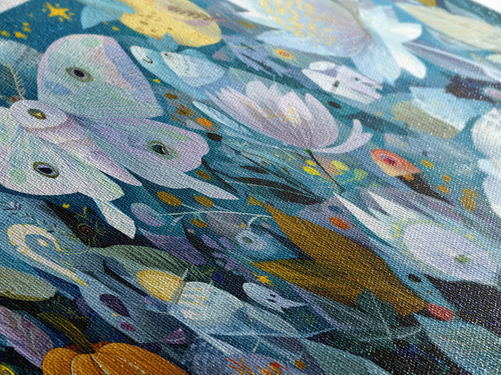 The Moon-Moth Garden, Paper Collage Halloween, Wide Panoramic Art, Framed Canvas Print, Cute Halloween Wall Art