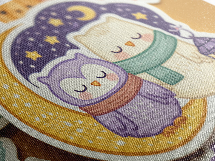 The Owl And The Crescent Moon, Kawaii Halloween Art, Landscape Wall Art, Framed Canvas Print, Cute Halloween Wall Art