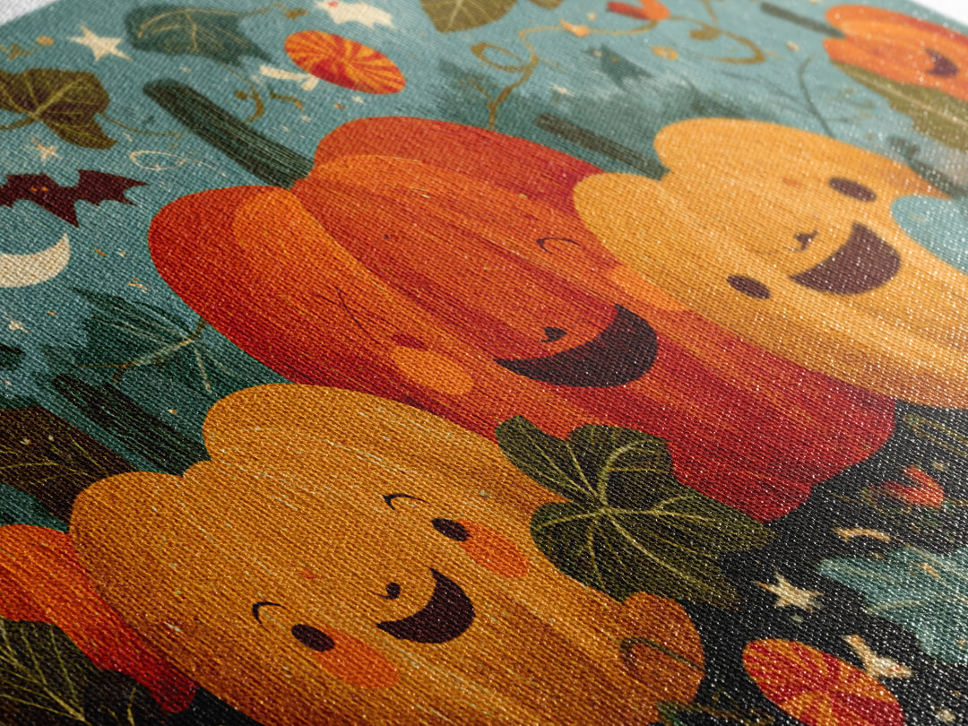 The Singing Pumpkin Patch, Screenprint Halloween Art, Wide Panoramic Art, Framed Canvas Print, Cute Halloween Wall Art