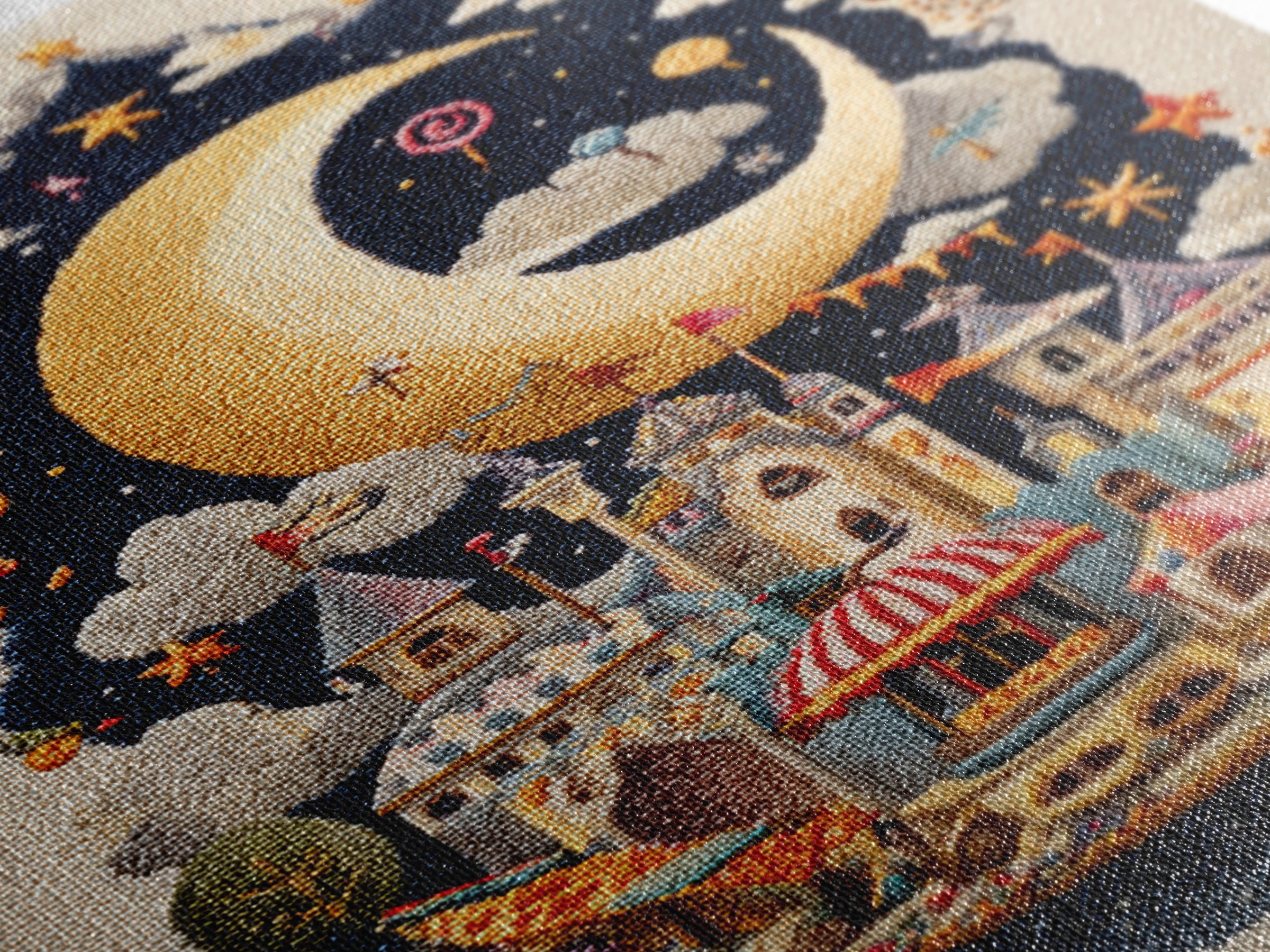 The Tiny Moon Carnival, Embroidered Halloween Art, Vertical Wall Art, Canvas Print, Cute Halloween Wall Art