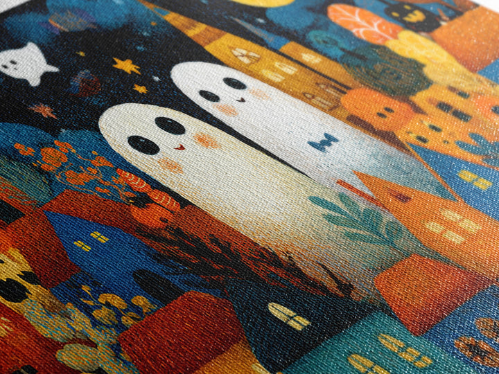 The Rainbow Halloween Night, Crayon Halloween Art, Wide Panoramic Art, Framed Canvas Print, Cute Halloween Wall Art