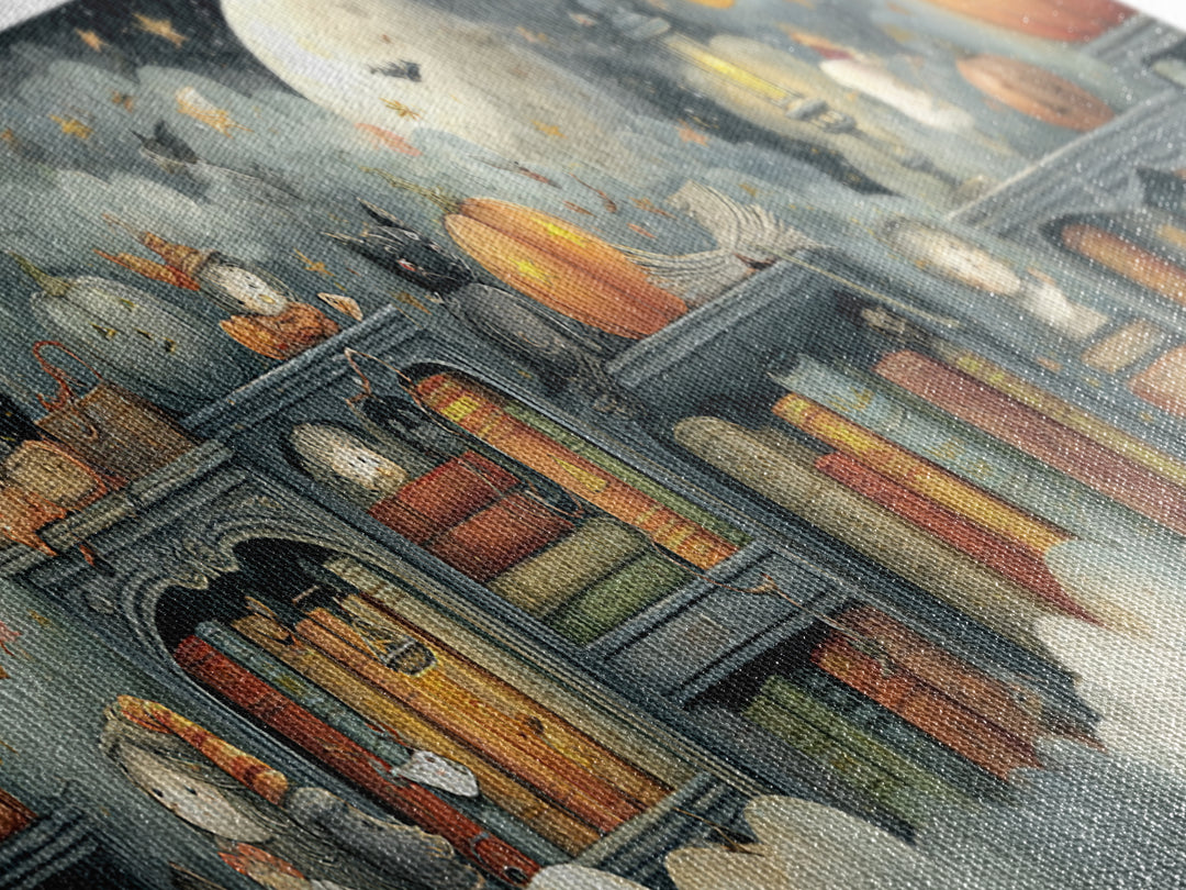 The Enchanted Halloween Library, Pastel Halloween Art, Extra Wide Wall Art, Canvas Print, Cute Halloween Wall Art