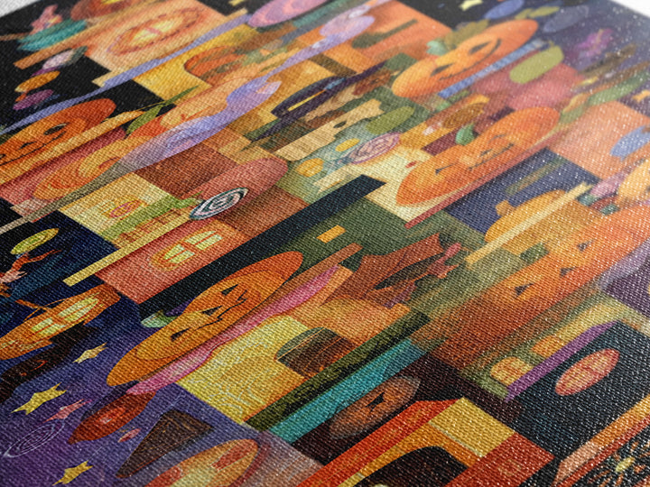The Trick-Or-Treat Express, Paper Collage Halloween, Tall Narrow Wall Art, Framed Canvas Print, Cute Halloween Wall Art