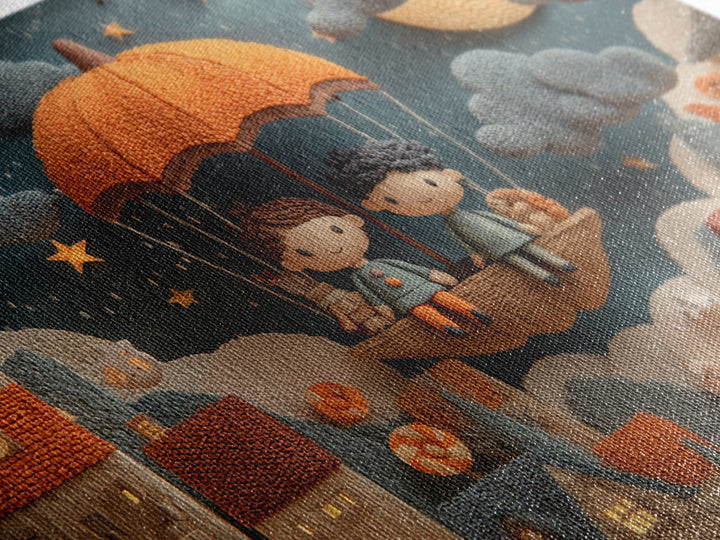The Enchanted Umbrella Adventure, Clay Halloween Art, Landscape Wall Art, Framed Canvas Print, Cute Halloween Wall Art