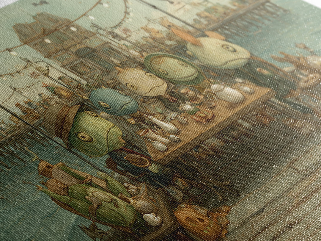 The Tea Party At Innsmouth Pier, Screenprint Halloween Art, Wide Panoramic Art, Framed Canvas Print, Cute Halloween Wall Art