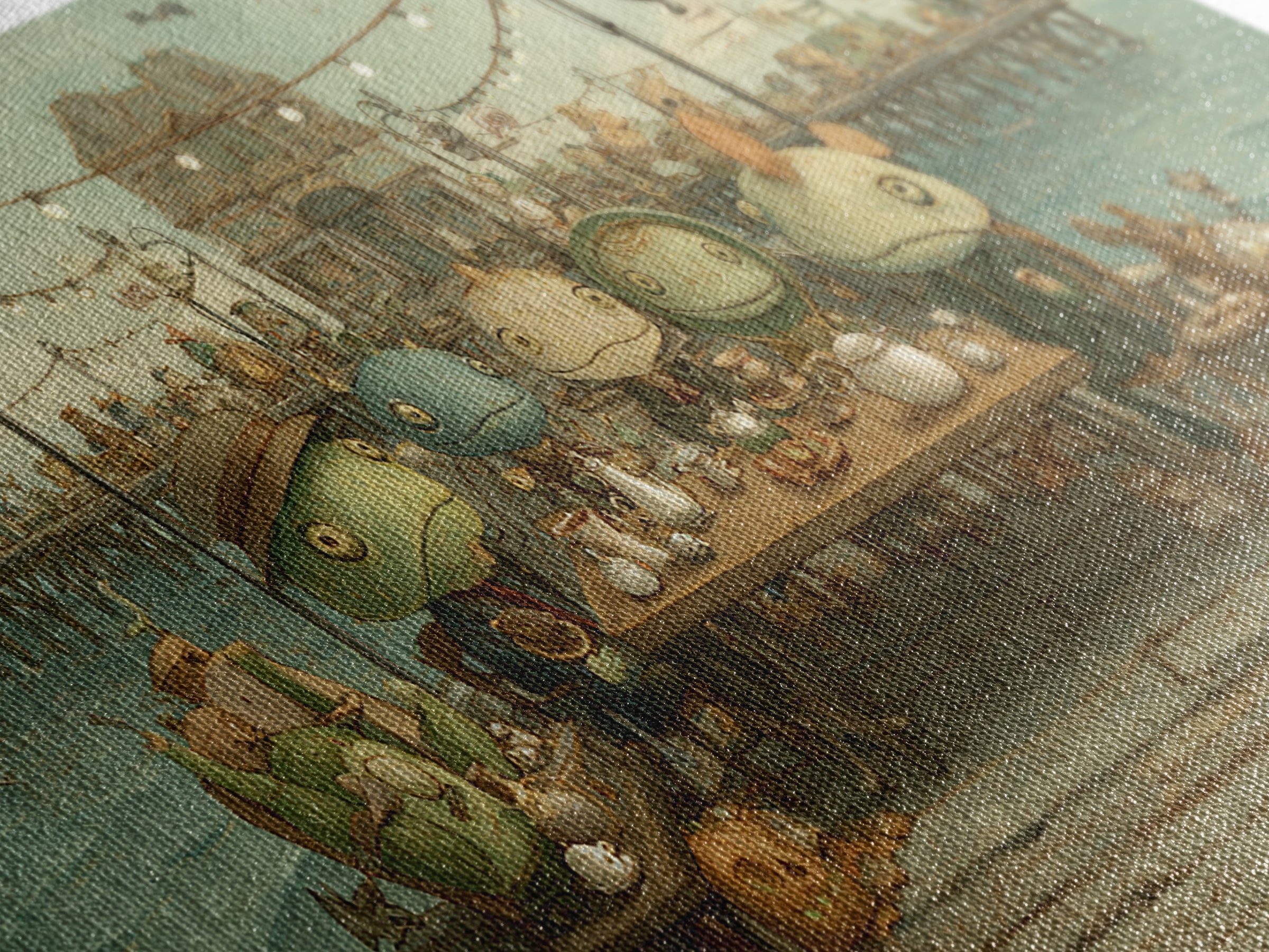 The Tea Party At Innsmouth Pier, Screenprint Halloween Art, Wide Panoramic Art, Framed Canvas Print, Cute Halloween Wall Art