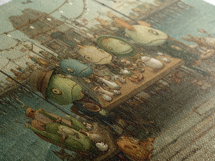 The Tea Party At Innsmouth Pier, Screenprint Halloween Art, Wide Panoramic Art, Framed Canvas Print, Cute Halloween Wall Art