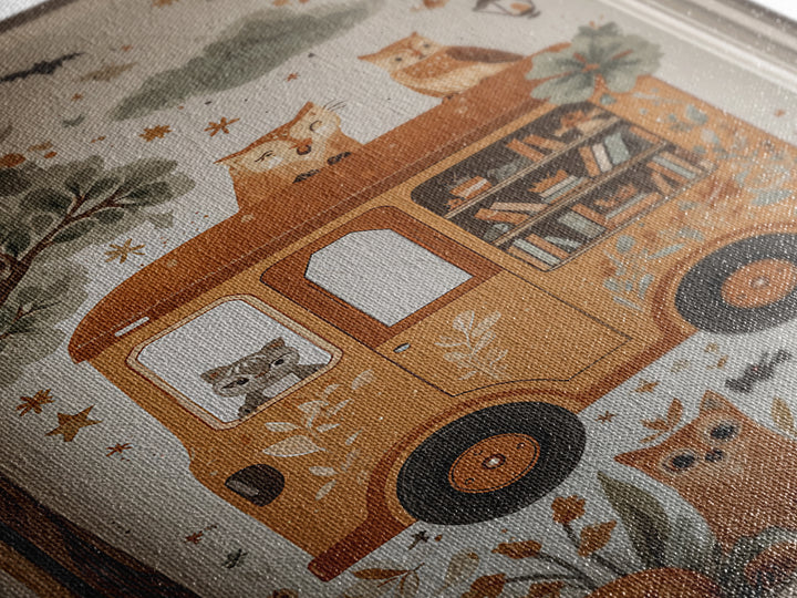 The Pumpkin Bookmobile, Folk Halloween Art, Vertical Wall Art, Canvas Print, Cute Halloween Wall Art