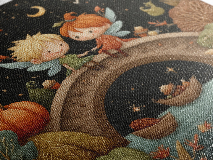 The Autumn Fairy Bridge, Embroidered Halloween Art, Square Wall Art, Canvas Print, Cute Halloween Wall Art
