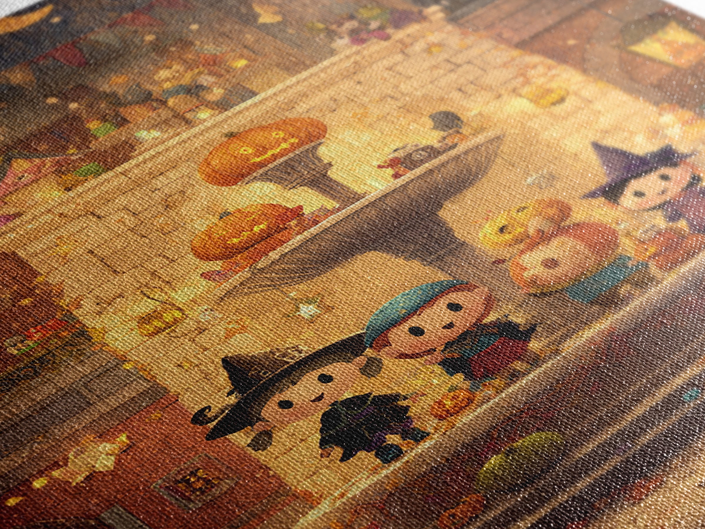The Trick-Or-Treat Village Square, Pixel Halloween Art, Vertical Wall Art, Canvas Print, Cute Halloween Wall Art