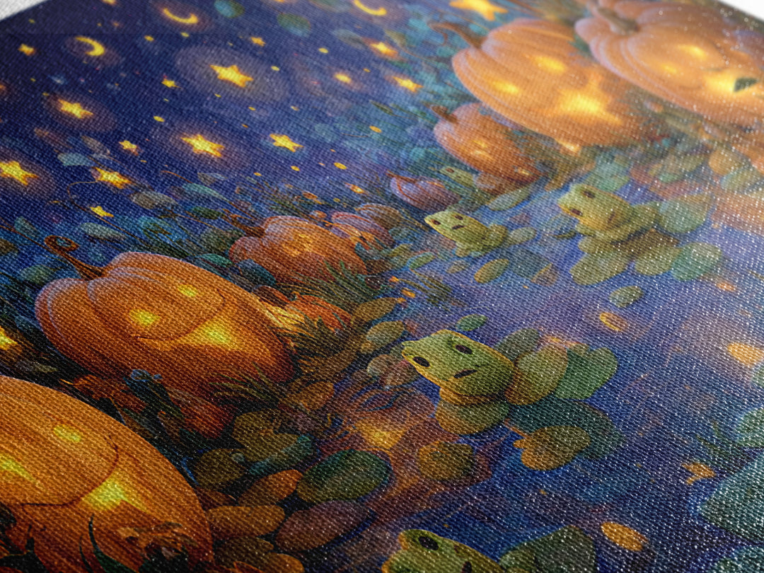 The Star-Filled Pumpkin Pond, Clay Halloween Art, Wide Panoramic Art, Framed Canvas Print, Cute Halloween Wall Art