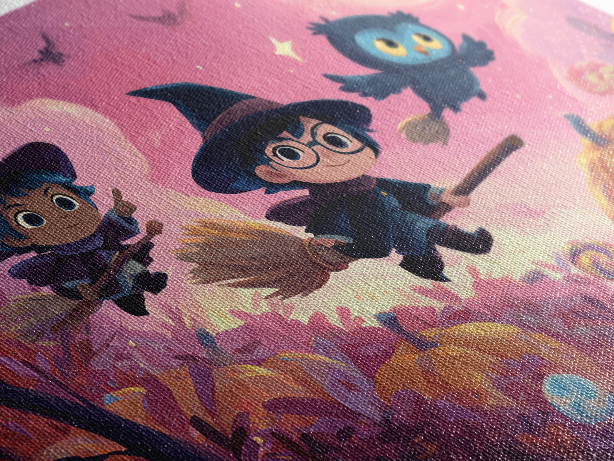 The Broomstick Riding Lesson, Vaporwave Halloween Art, Landscape Wall Art, Framed Canvas Print, Cute Halloween Wall Art