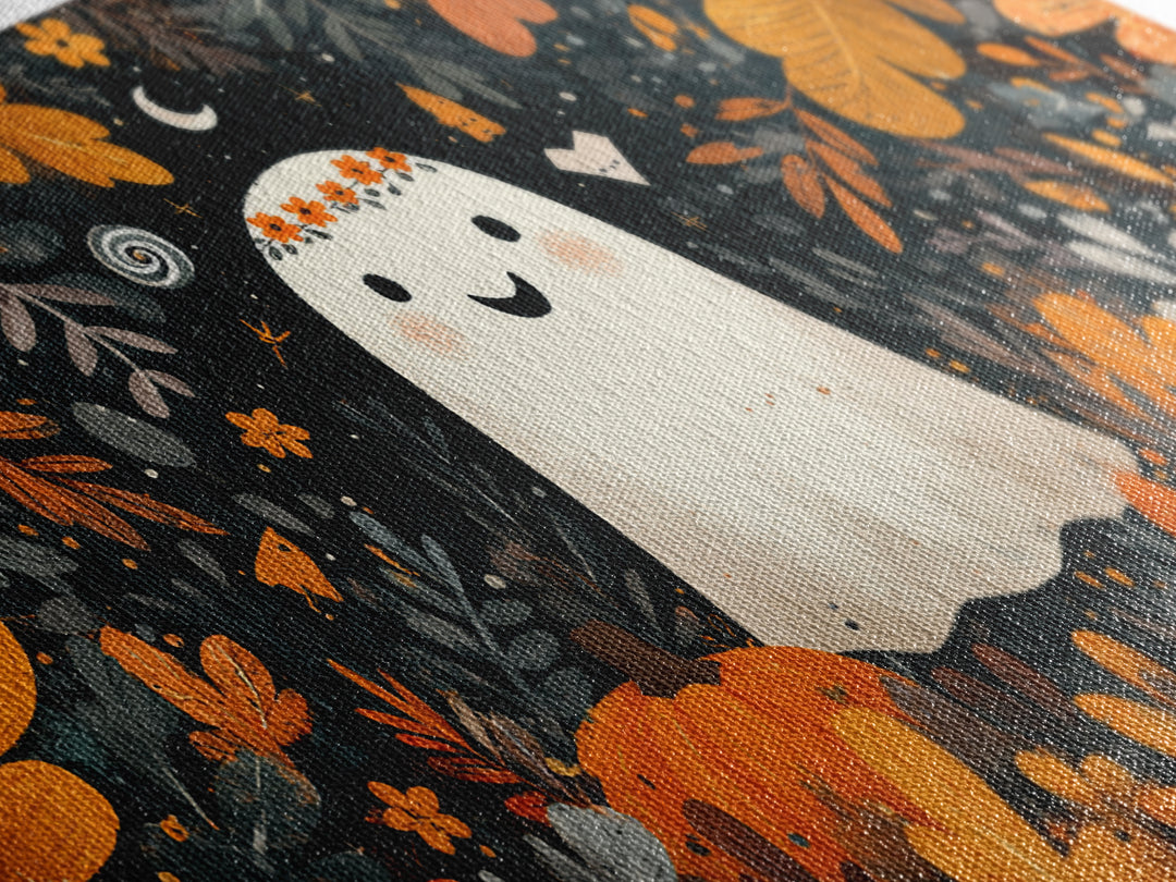 The Ghost With A Flower Crown, Vector Halloween Art, Wide Panoramic Art, Framed Canvas Print, Cute Halloween Wall Art