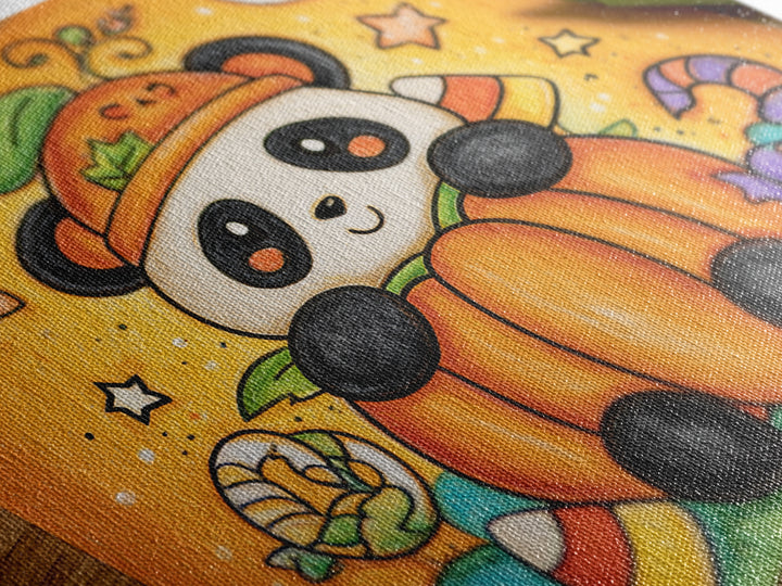 The Panda Pumpkin, Crayon Halloween Art, Landscape Wall Art, Framed Canvas Print, Cute Halloween Wall Art