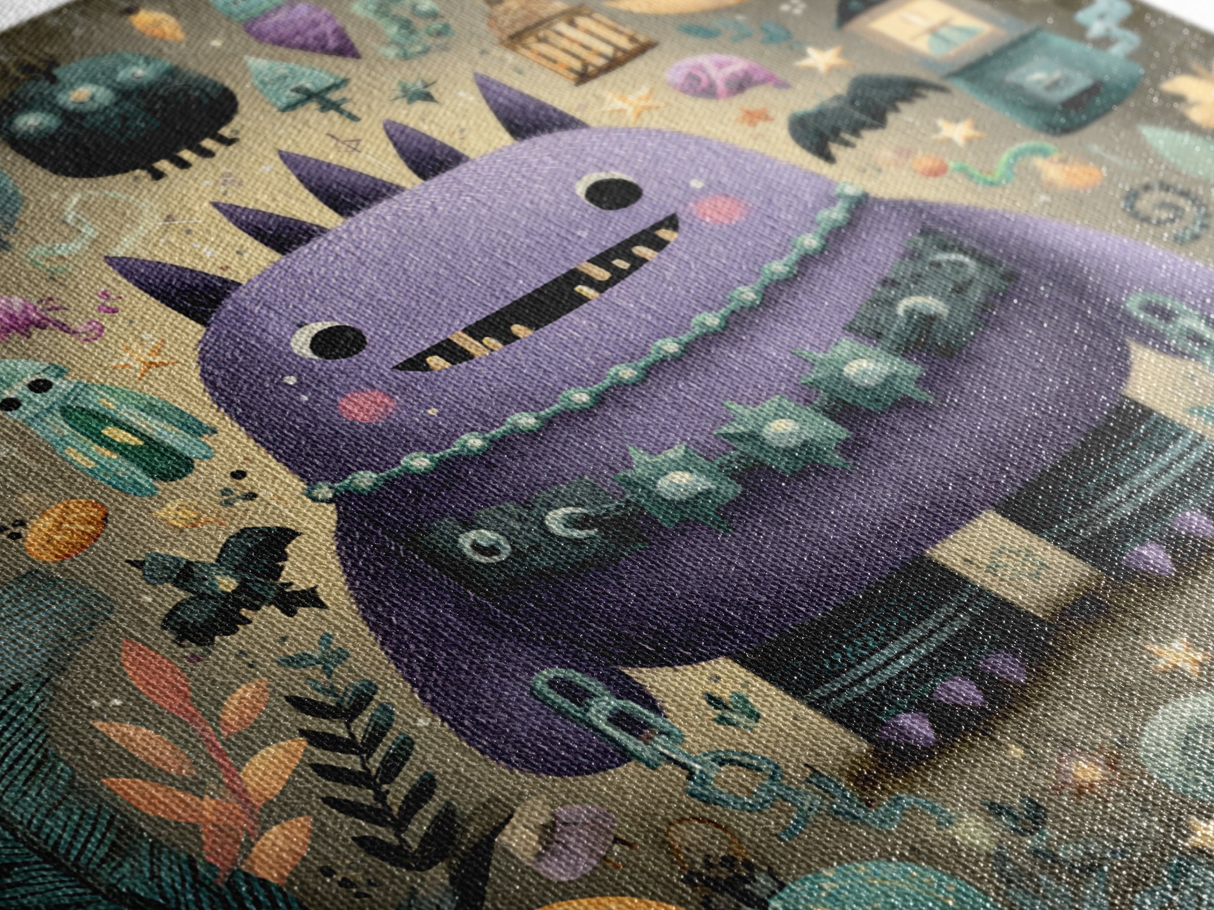 The Moonlit Shoggoth Menagerie, Plush Halloween Art, Square Wall Art, Canvas Print, Cute Halloween Wall Art