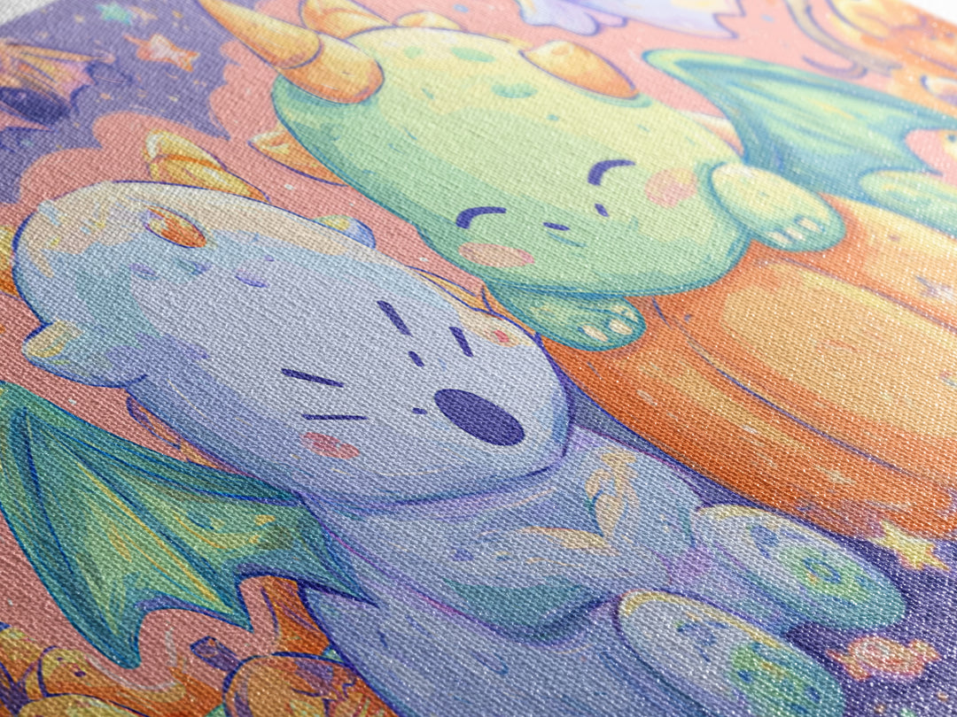The Sleepy Costume Dragon, Kawaii Halloween Art, Wide Panoramic Art, Framed Canvas Print, Cute Halloween Wall Art