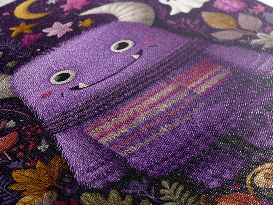 The Fuzzy Purple Monster, Folk Halloween Art, Vertical Wall Art, Canvas Print, Cute Halloween Wall Art