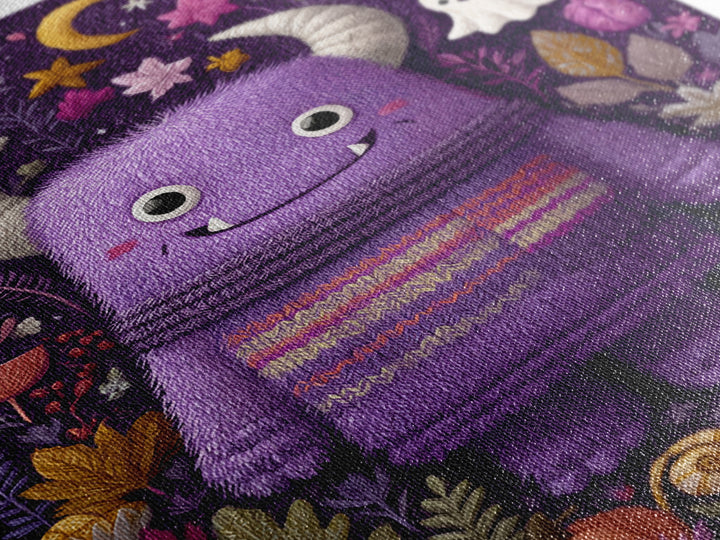 The Fuzzy Purple Monster, Folk Halloween Art, Vertical Wall Art, Canvas Print, Cute Halloween Wall Art