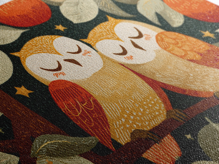 The Sleepy Owl Orchard, Linocut Halloween Art, Landscape Wall Art, Framed Canvas Print, Cute Halloween Wall Art