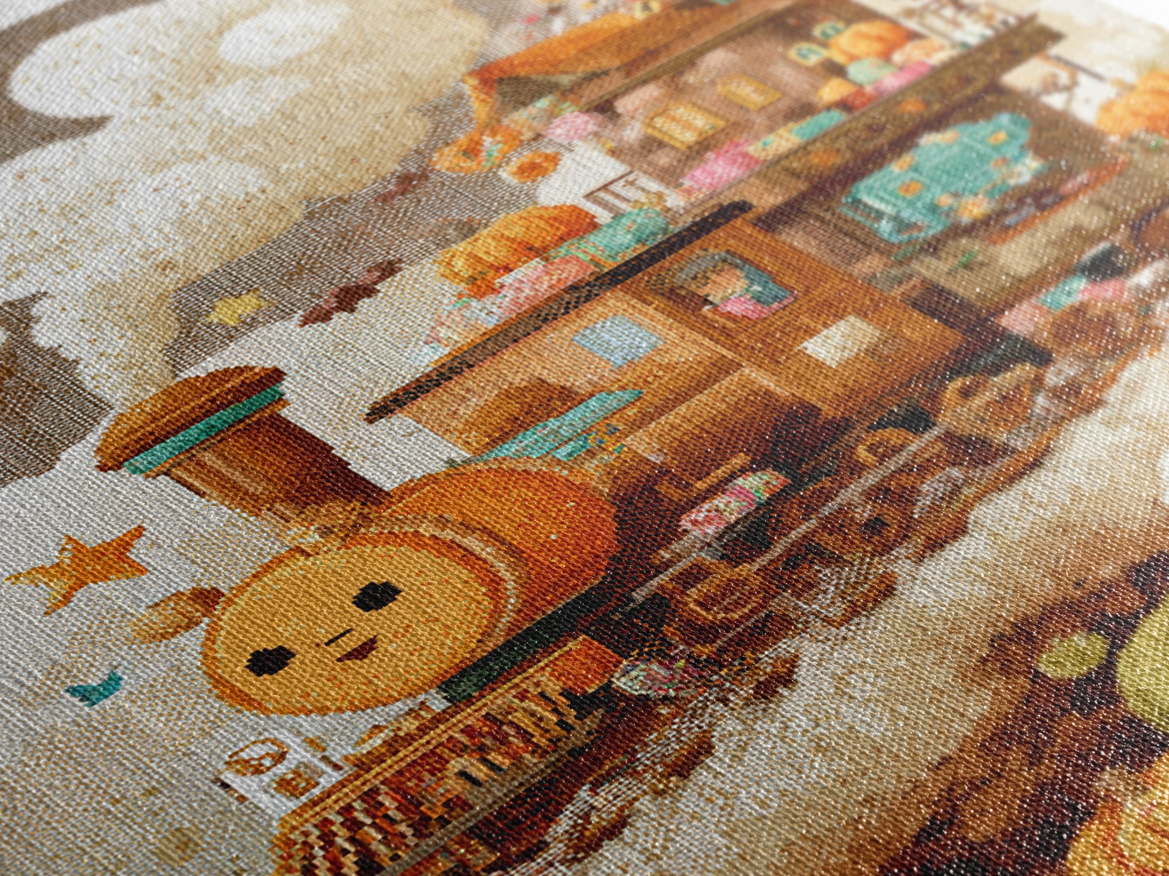 The Chocolate Pumpkin Train, Pixel Halloween Art, Vertical Wall Art, Canvas Print, Cute Halloween Wall Art
