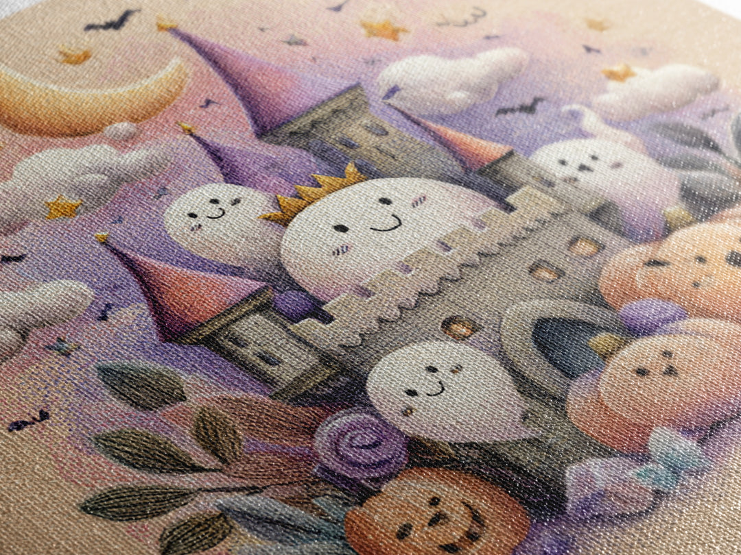 The Halloween Cloud Castle, Hand Sketch Halloween Art, Square Wall Art, Canvas Print, Cute Halloween Wall Art