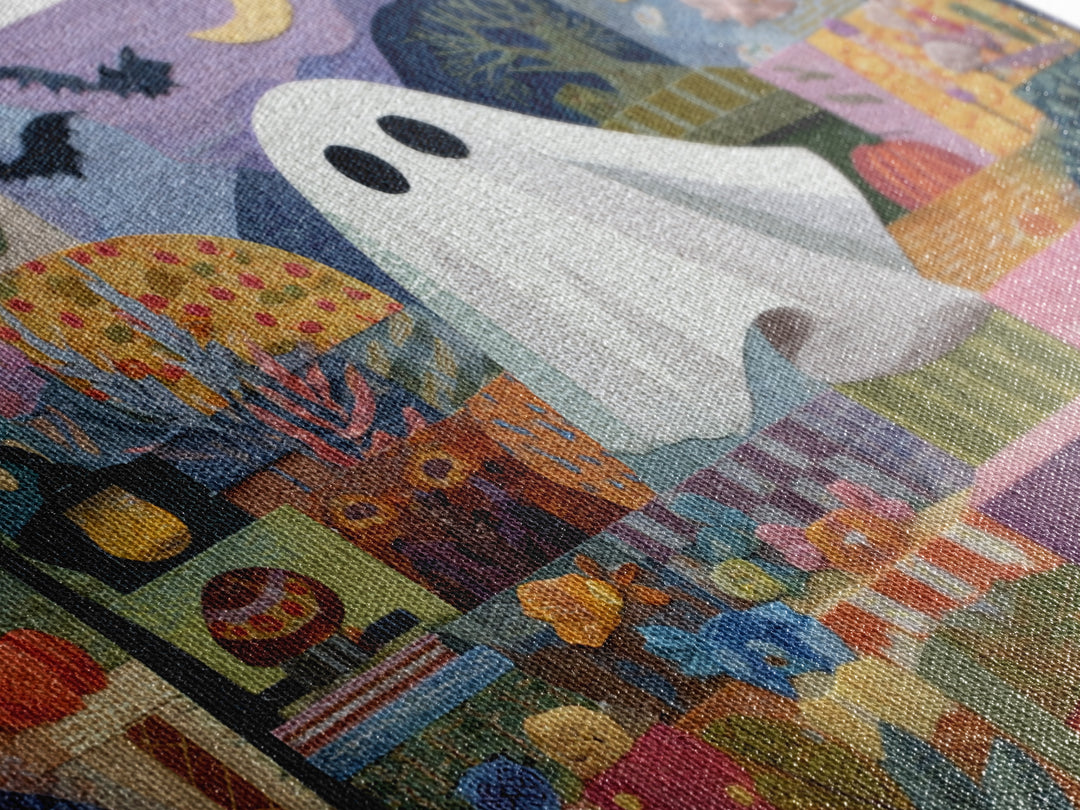 The Sleepy Blanket Ghost, Paper Collage Halloween, Landscape Wall Art, Framed Canvas Print, Cute Halloween Wall Art