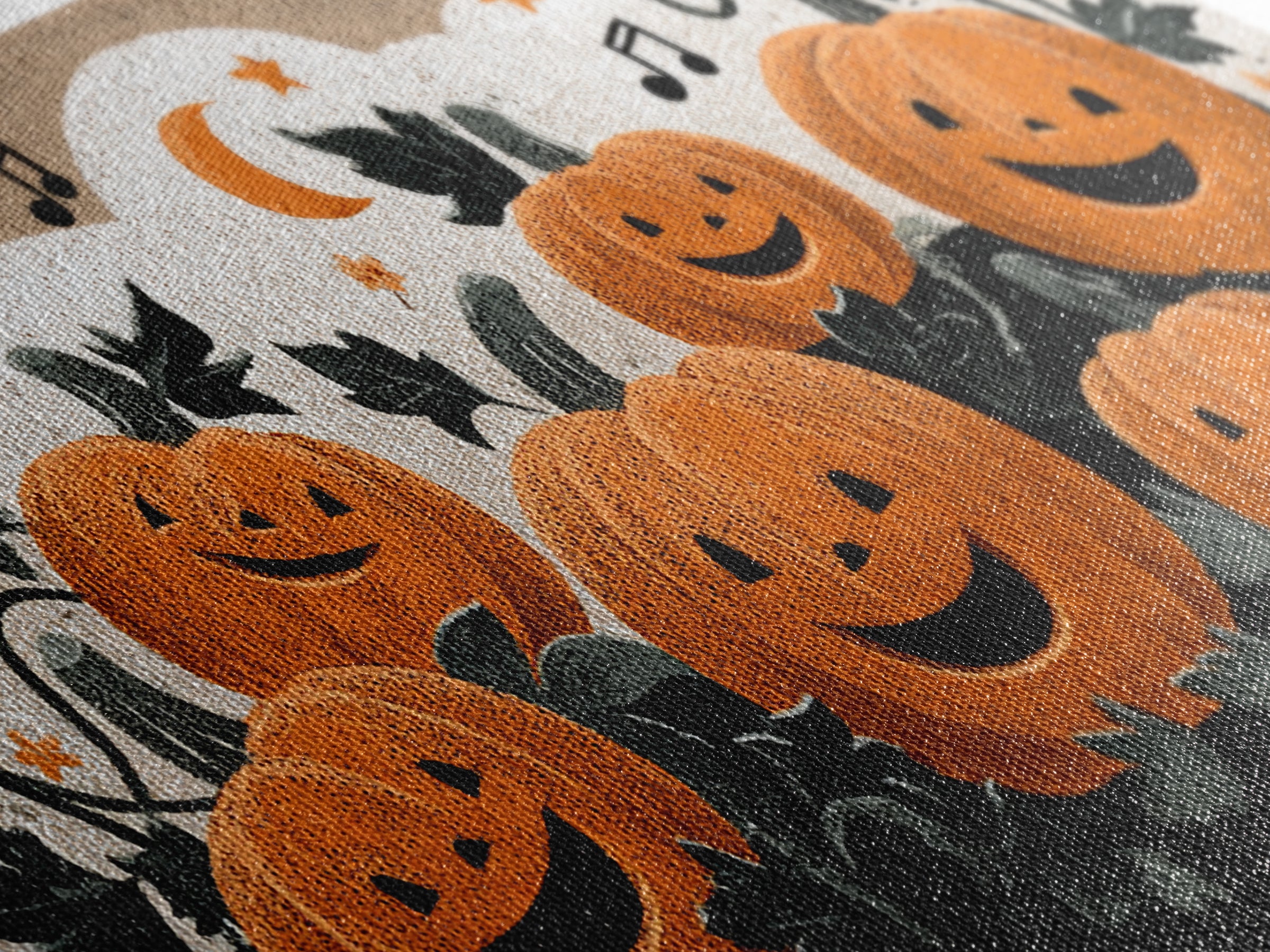 The Singing Pumpkin Patch, Linocut Halloween Art, Wide Panoramic Art, Framed Canvas Print, Cute Halloween Wall Art