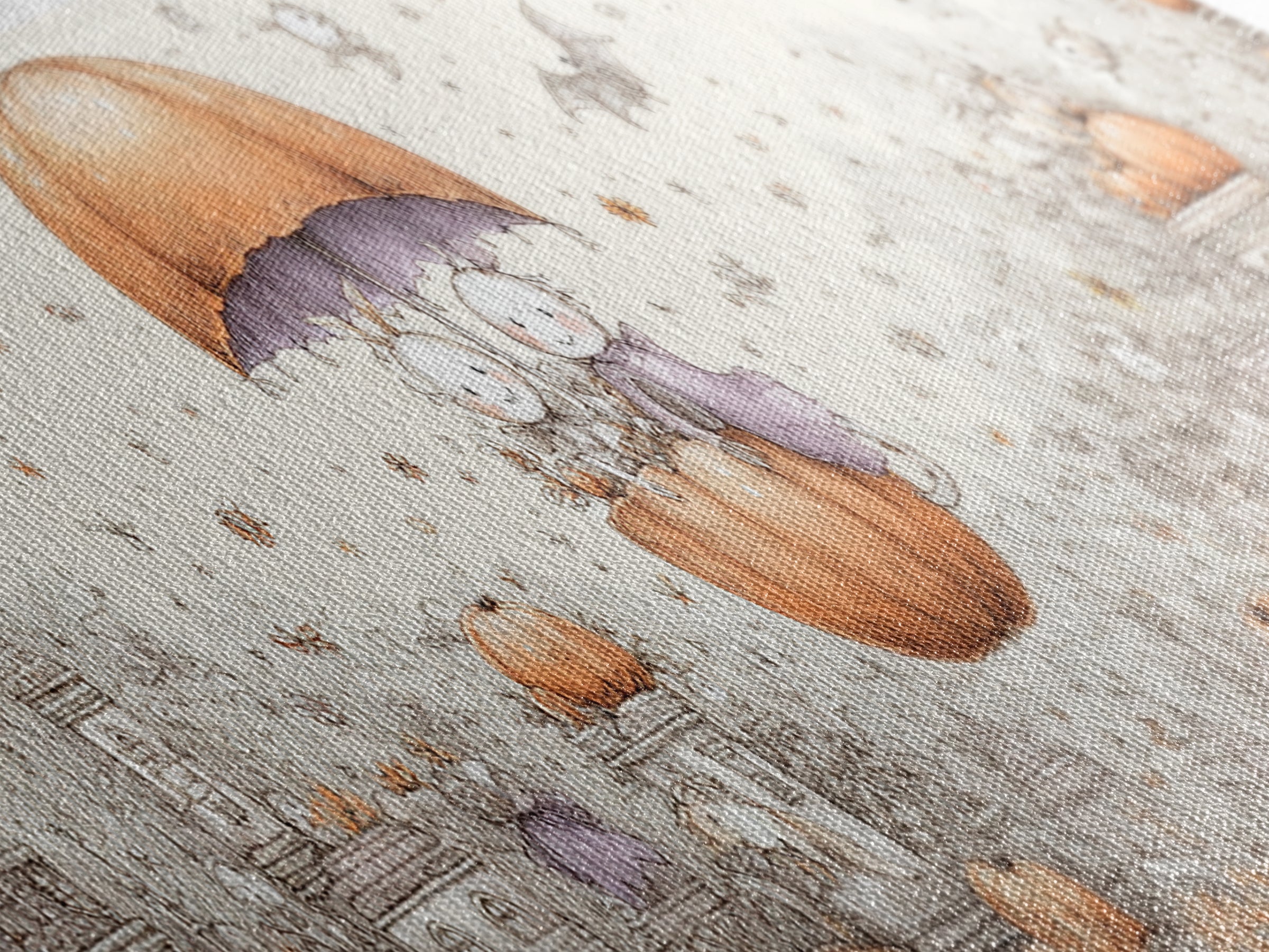 The Enchanted Umbrella Adventure, Hand Sketch Halloween Art, Extra Wide Wall Art, Canvas Print, Cute Halloween Wall Art
