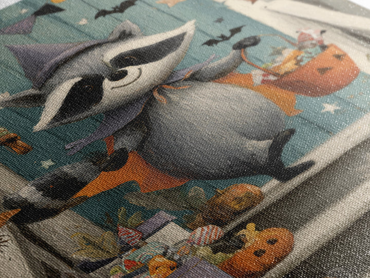 The Raccoon Trick-Or-Treater, Gouache Halloween Art, Vertical Wall Art, Canvas Print, Cute Halloween Wall Art