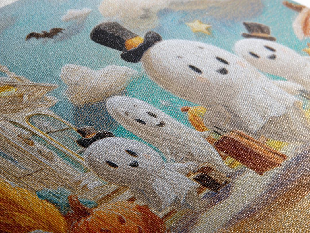 The Friendly Ghost Hotel, Crayon Halloween Art, Landscape Wall Art, Framed Canvas Print, Cute Halloween Wall Art