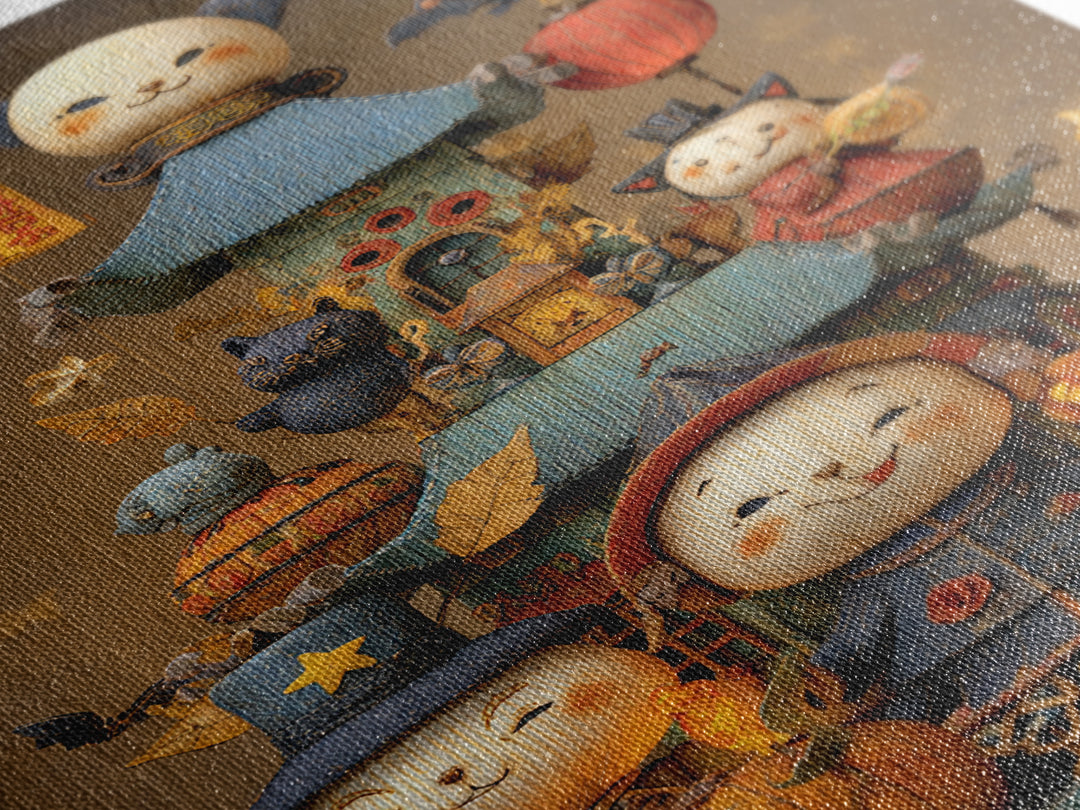 The Festival Of The Little Old Ones, Plush Halloween Art, Vertical Wall Art, Canvas Print, Cute Halloween Wall Art