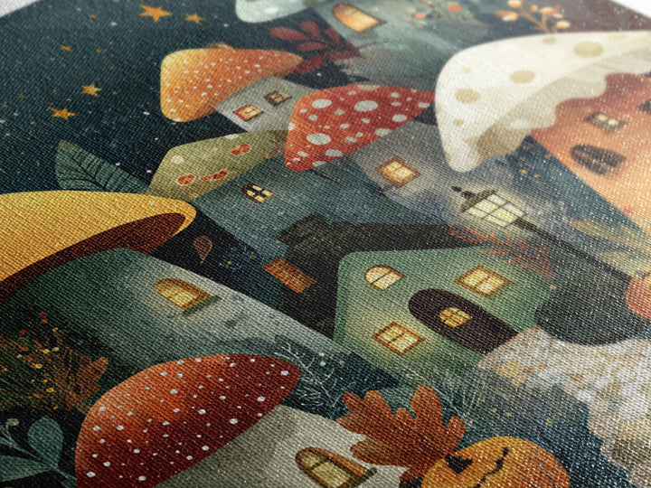 The Lantern-Lit Mushroom Village, Retro Halloween Art, Square Wall Art, Canvas Print, Cute Halloween Wall Art
