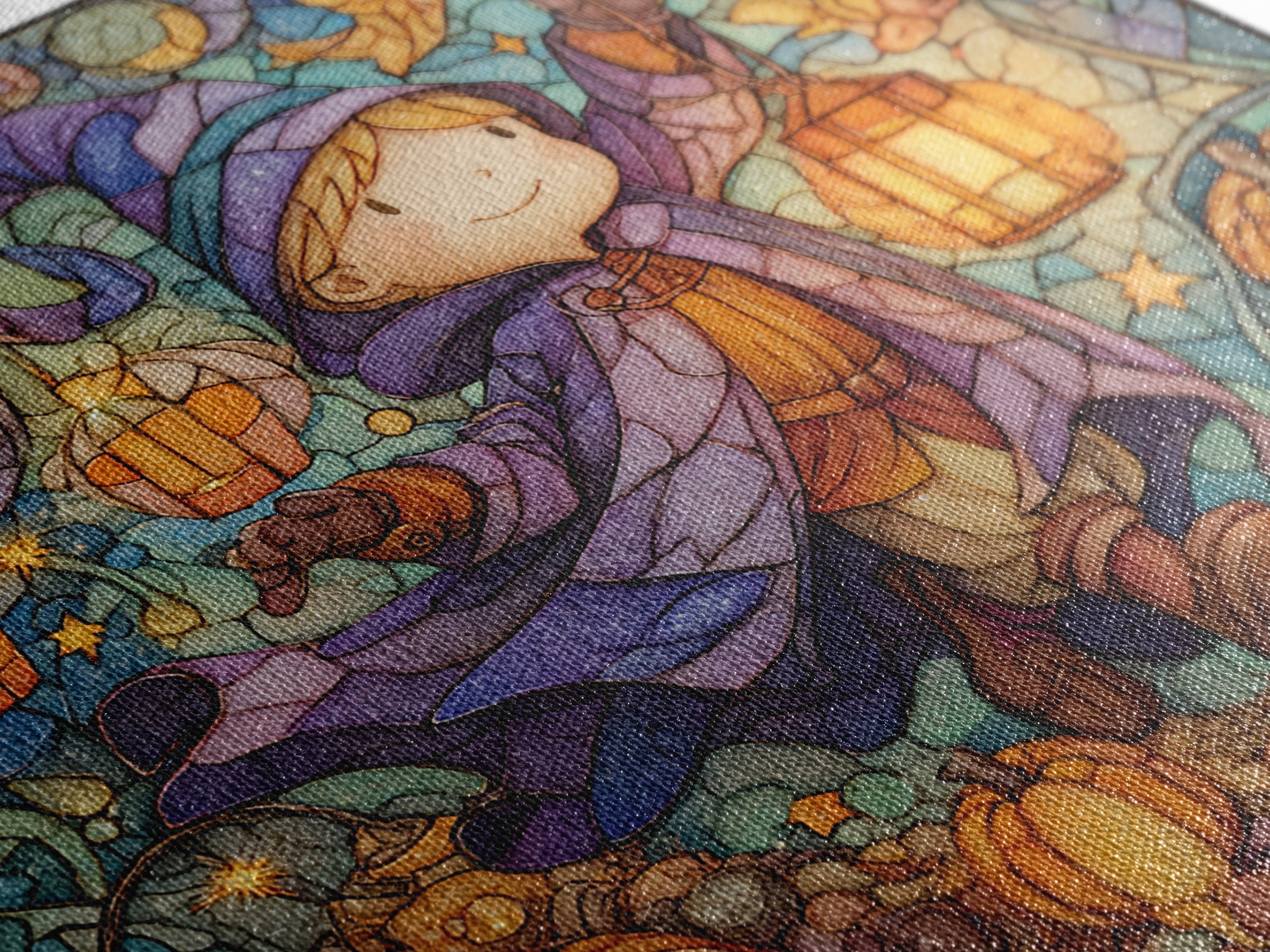 The Lantern-Light Wizard, Stained Glass Halloween, Square Wall Art, Canvas Print, Cute Halloween Wall Art