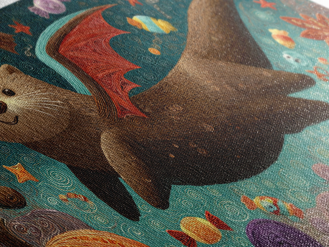 The Bat-Winged Otter, Quilled Halloween Art, Wide Panoramic Art, Framed Canvas Print, Cute Halloween Wall Art