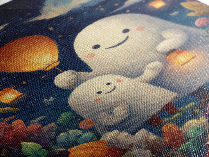 The Ghost Balloon Friend, Pastel Halloween Art, Vertical Wall Art, Canvas Print, Cute Halloween Wall Art