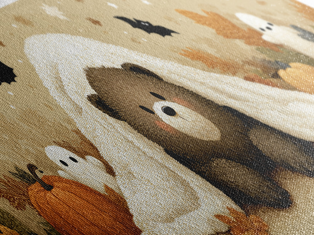 The Bear Cub Ghost, Plush Halloween Art, Extra Wide Wall Art, Canvas Print, Cute Halloween Wall Art, Cozy Autumn Kids Decor
