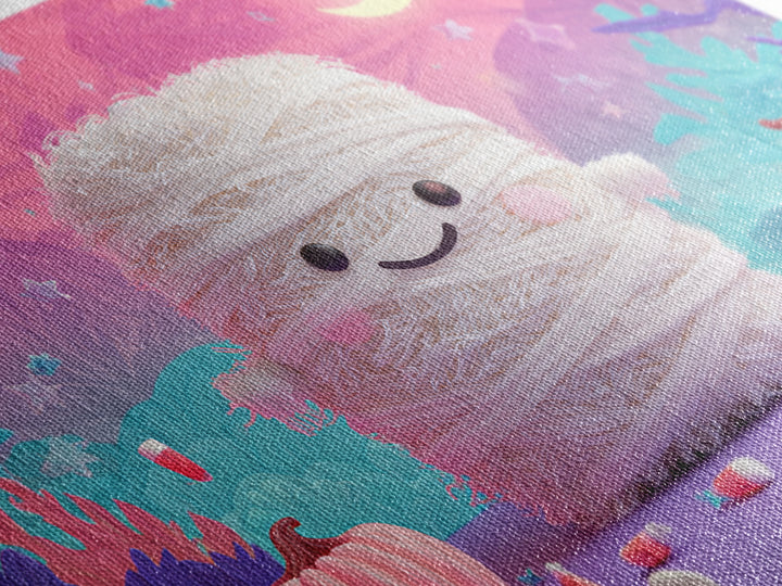 The Popcorn Mummy, Vaporwave Halloween Art, Landscape Wall Art, Framed Canvas Print, Cute Halloween Wall Art