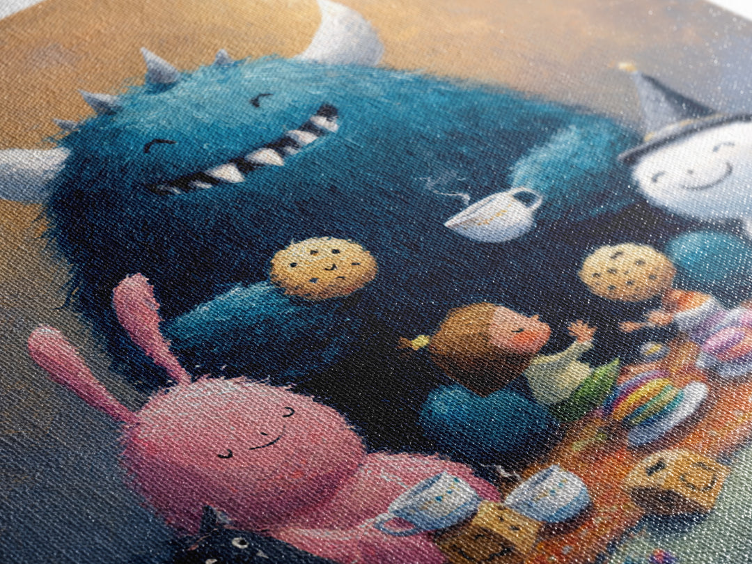 The Monster Under The Bed Tea Party, Pastel Halloween Art, Square Wall Art, Canvas Print, Cute Halloween Wall Art