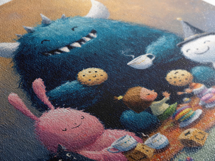 The Monster Under The Bed Tea Party, Pastel Halloween Art, Square Wall Art, Canvas Print, Cute Halloween Wall Art