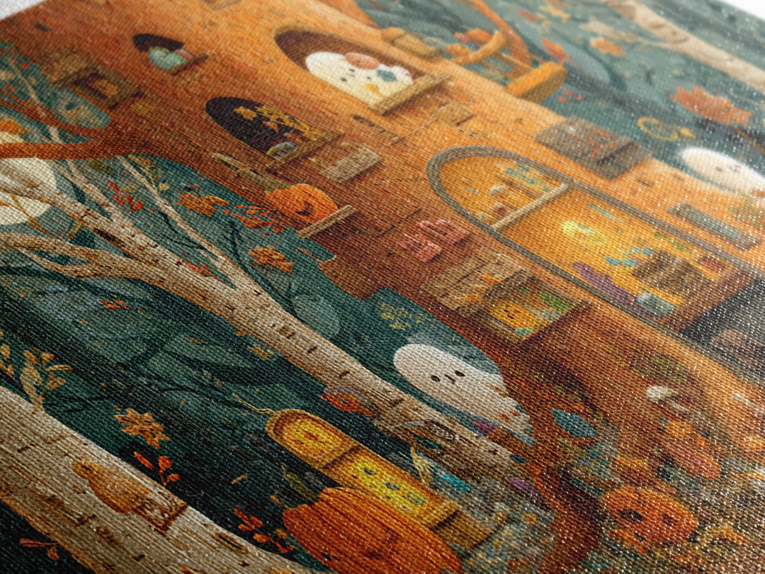 The Cozy Hollow Tree, Paper Collage Halloween, Wide Panoramic Art, Framed Canvas Print, Cute Halloween Wall Art