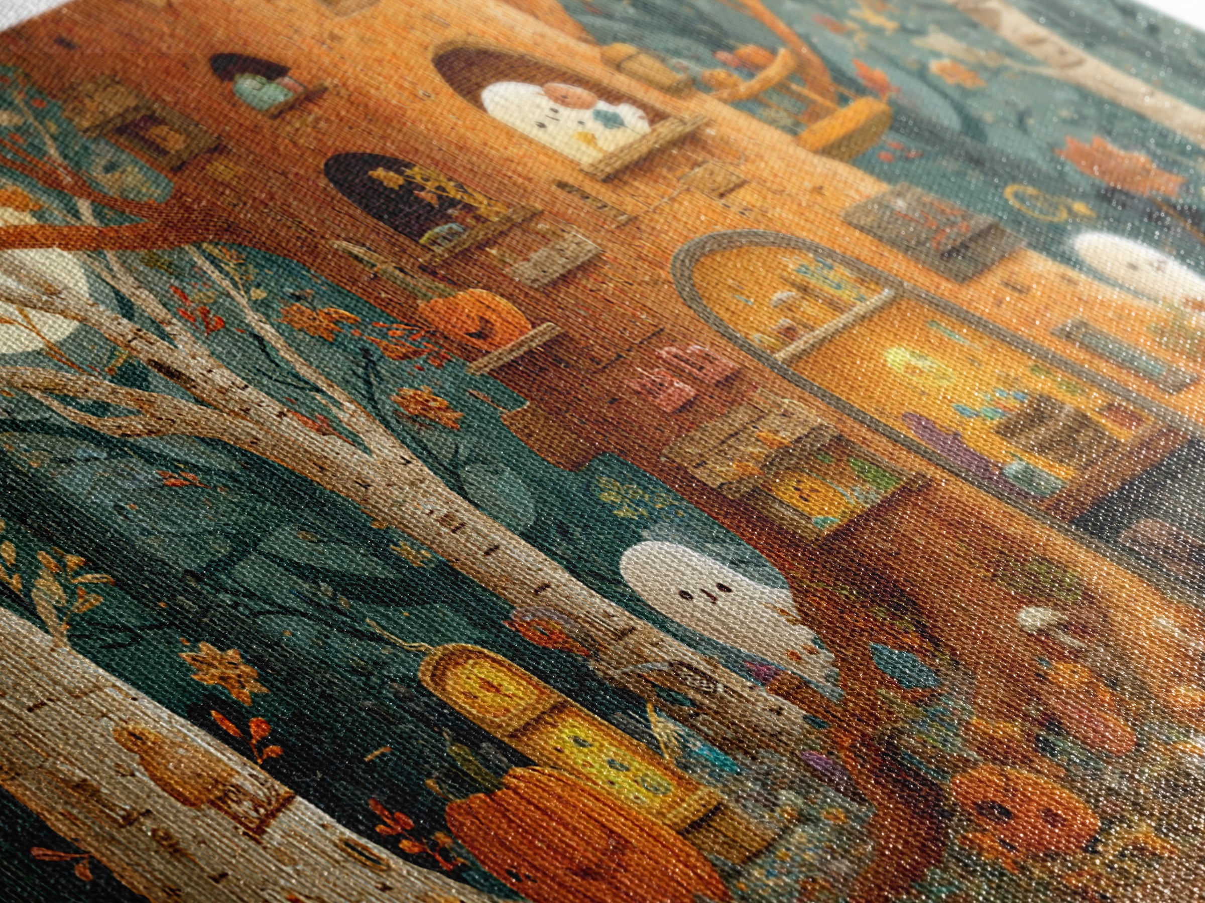 The Cozy Hollow Tree, Paper Collage Halloween, Wide Panoramic Art, Framed Canvas Print, Cute Halloween Wall Art
