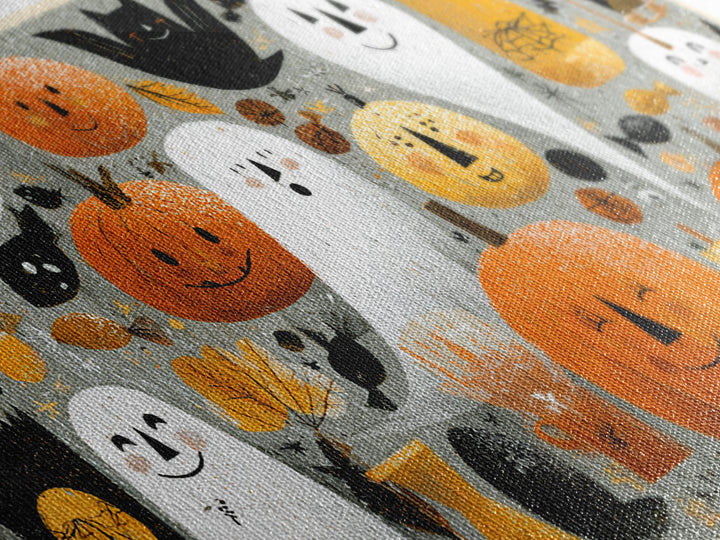 The Halloween Craft Table, Screenprint Halloween Art, Wide Panoramic Art, Framed Canvas Print, Cute Halloween Wall Art