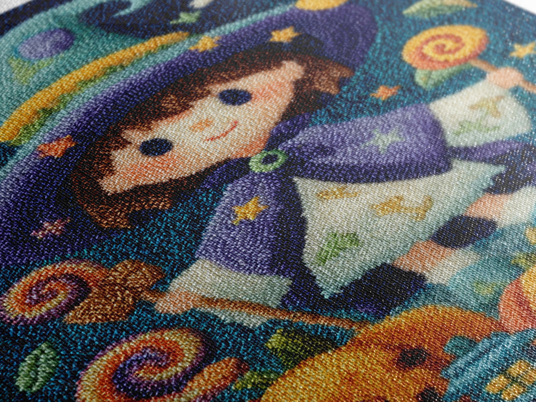 The Star-Cape Magician, Embroidered Halloween Art, Vertical Wall Art, Canvas Print, Cute Halloween Wall Art
