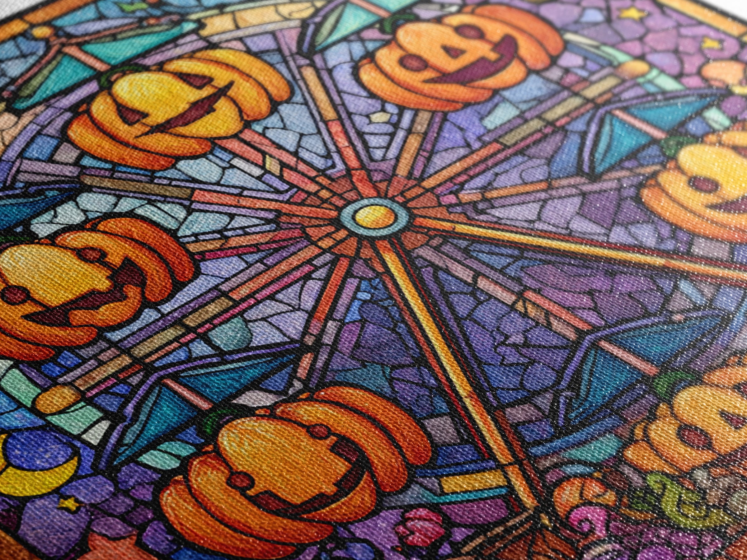 The Pumpkin Ferris Wheel, Stained Glass Halloween, Square Wall Art, Canvas Print, Cute Halloween Wall Art