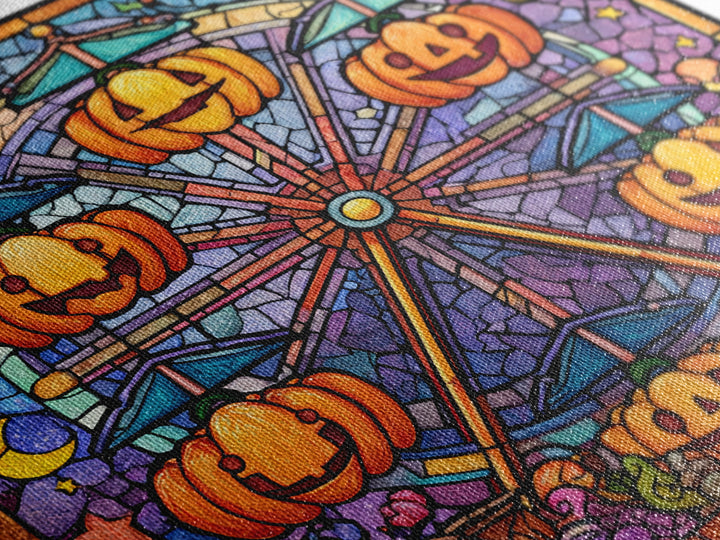 The Pumpkin Ferris Wheel, Stained Glass Halloween, Square Wall Art, Canvas Print, Cute Halloween Wall Art