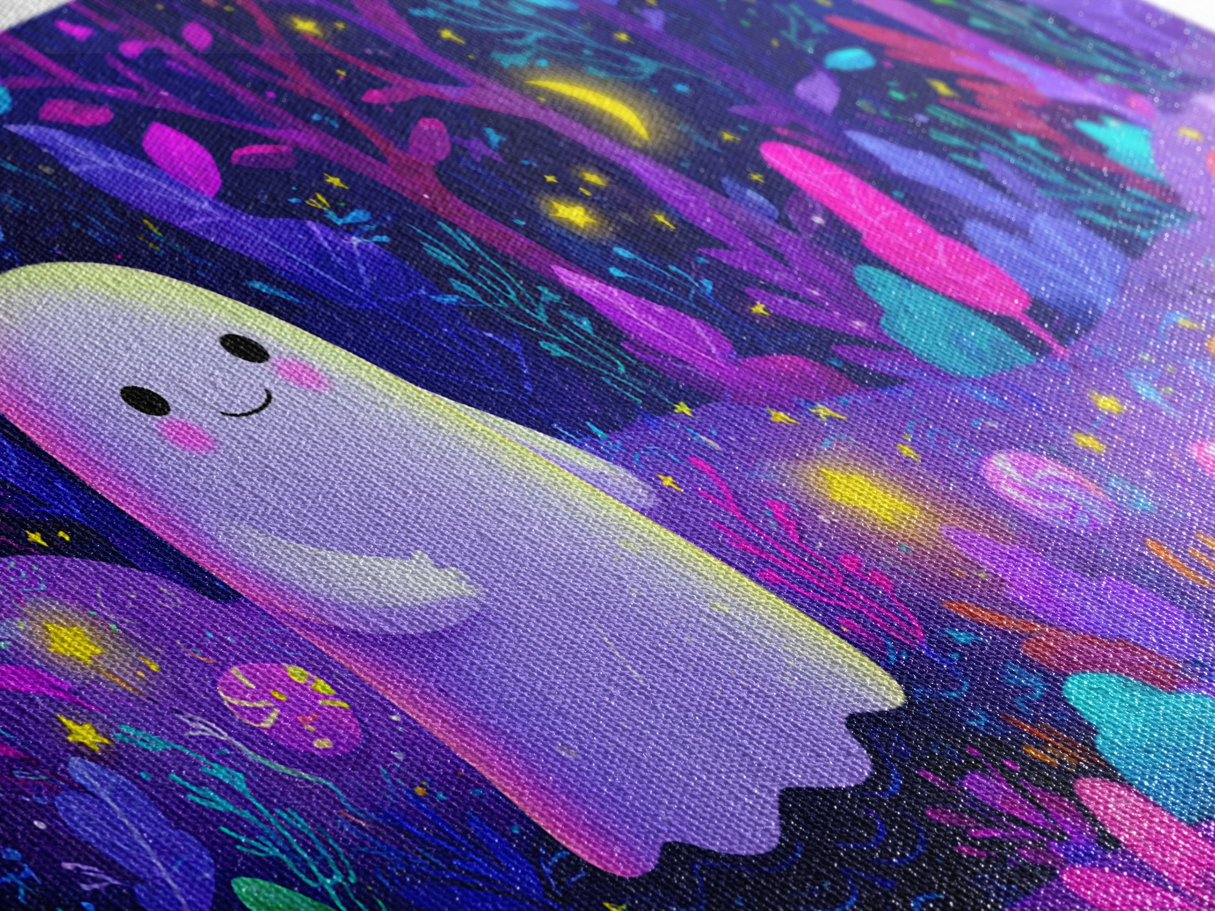 The Ghost And Firefly Friends, Vaporwave Halloween Art, Wide Panoramic Art, Framed Canvas Print, Cute Halloween Wall Art