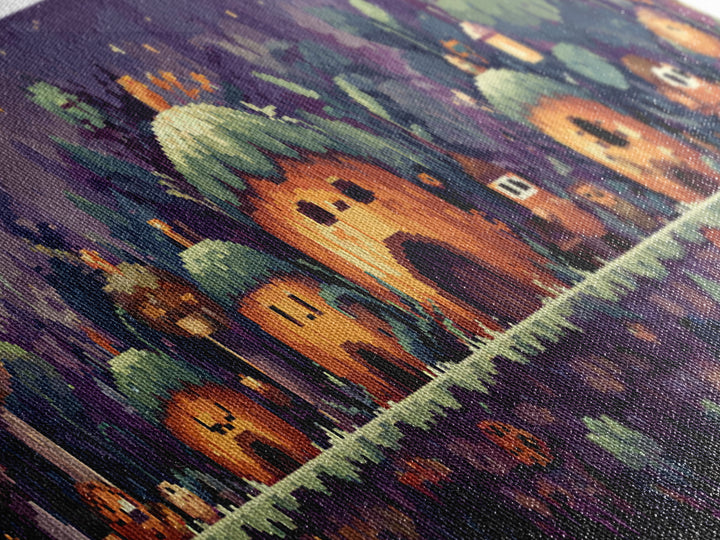 The Moonlit Acorn Village, Pixel Halloween Art, Extra Wide Wall Art, Canvas Print, Cute Halloween Wall Art