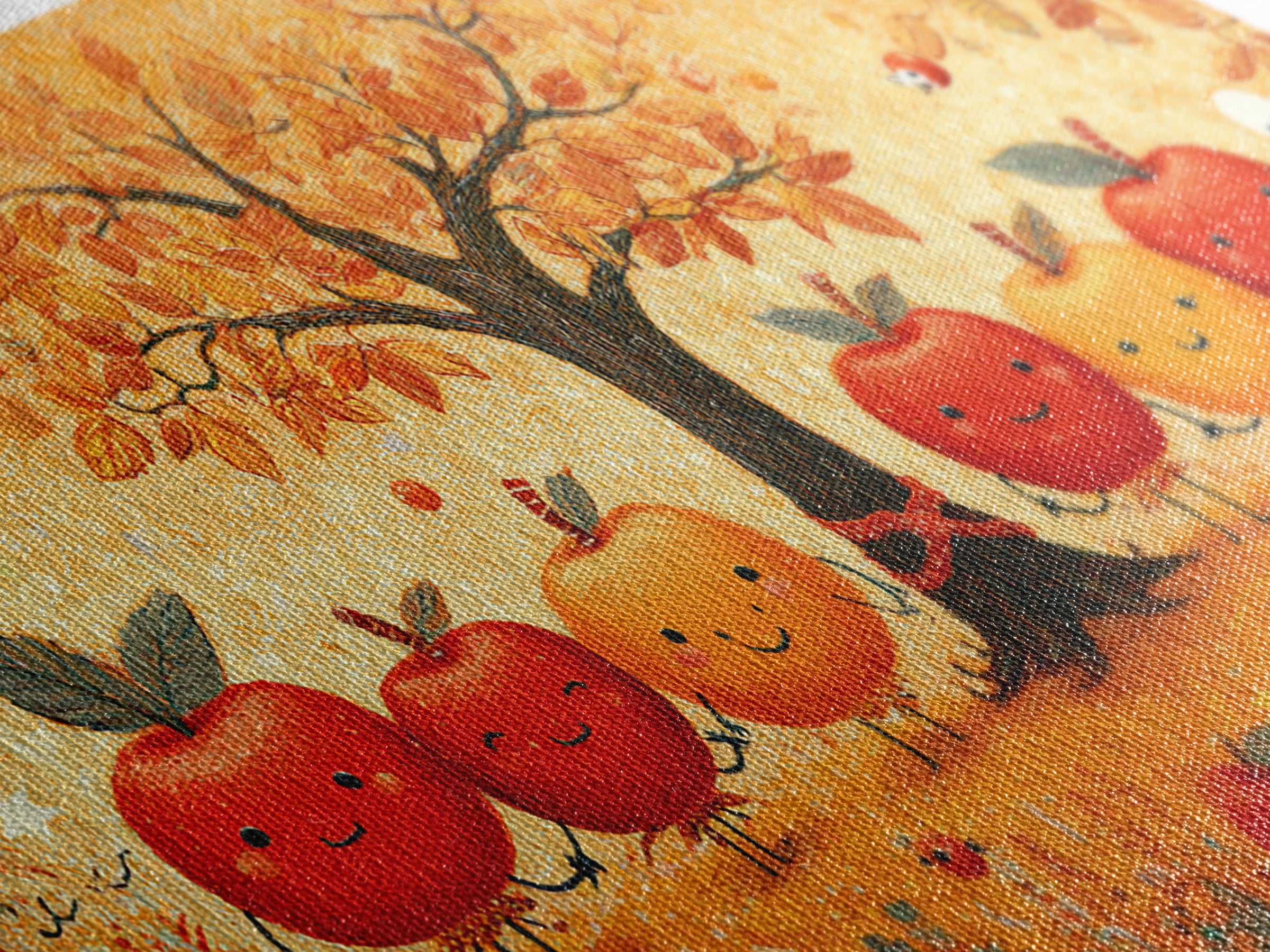 The Caramel Apple Friends, Crayon Halloween Art, Wide Panoramic Art, Framed Canvas Print, Cute Halloween Wall Art