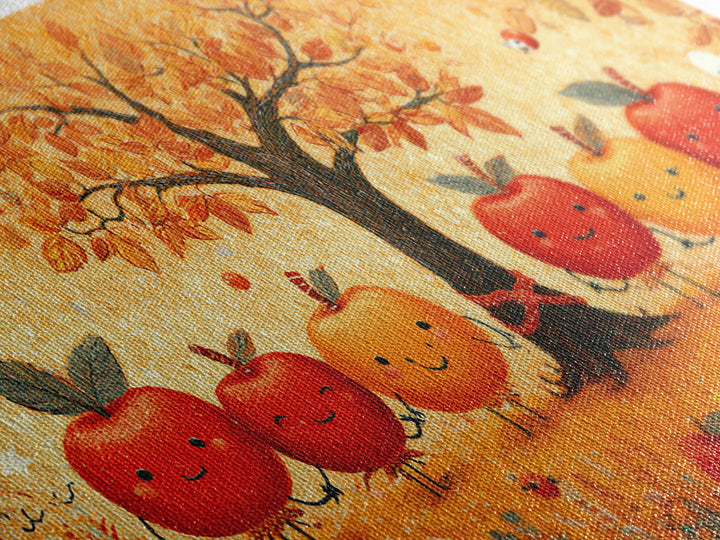 The Caramel Apple Friends, Crayon Halloween Art, Wide Panoramic Art, Framed Canvas Print, Cute Halloween Wall Art