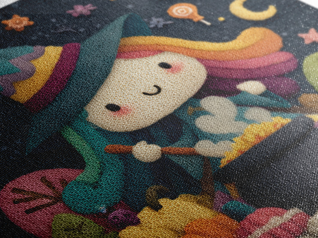 The Rainbow-Cauldron Witch, Plush Halloween Art, Square Wall Art, Canvas Print, Cute Halloween Wall Art